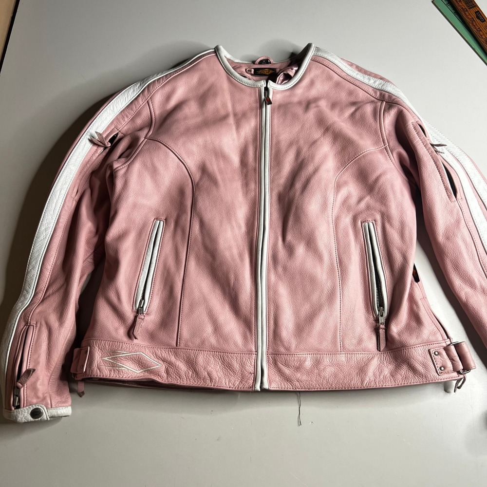 Power Trip Womens XL Pink Leather Motorcycle Jacket White Racing Stripe Biker